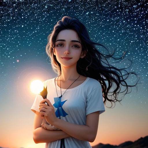 a woman holding a star and a light in her hand with a sky background and stars in the sky