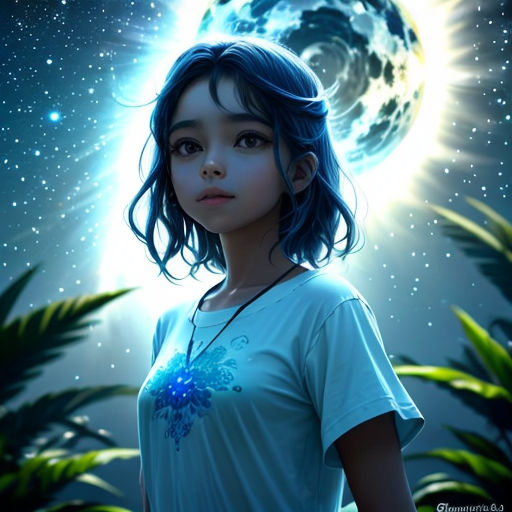 a girl standing in front of a full moon and stars with a blue flower on her chest and a blue shirt on