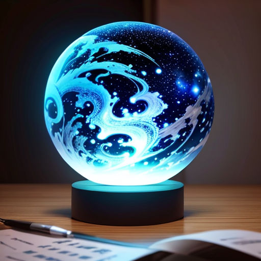 a blue and white ball with a pen on a table next to it and a book on the table