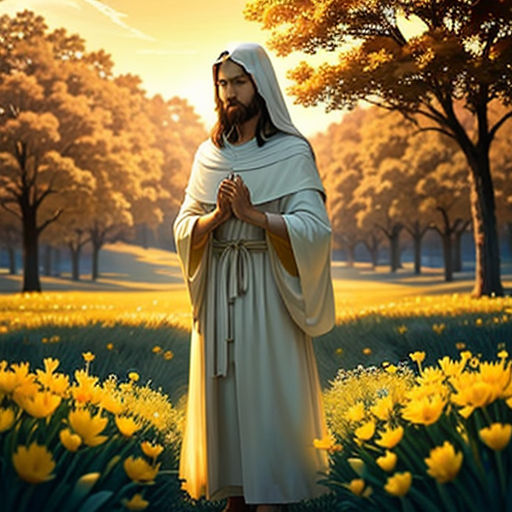 jesus standing in a field of yellow flowers with trees in the background and a sunset behind him, with a cross in the foreground