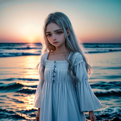 a girl in a white dress standing on a beach at sunset with the sun in the background and the ocean behind her