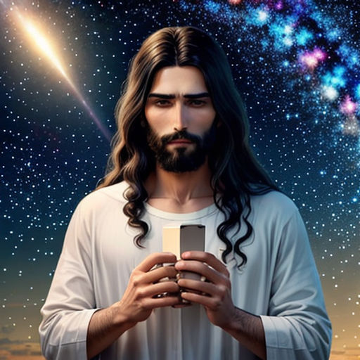 jesus holding a cell phone in front of a galaxy background with stars and a star cluster in the sky