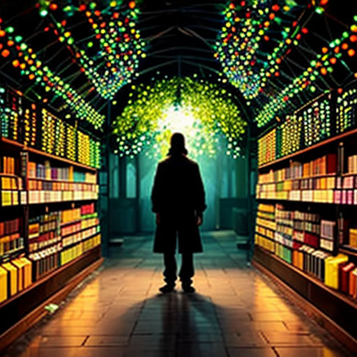a man standing in a library with a lot of books on the shelves and lights on the ceiling and a lot of books on the shelves