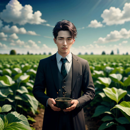 a man in a suit holding a bowl in a field of green plants with a sky background and clouds