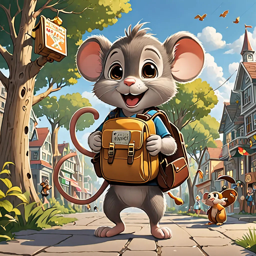 a mouse with a backpack and a mouse on a street with a tree and buildings in the background and a sign that says, mouse, sots art, a storybook illustration, Chris LaBrooy, official art