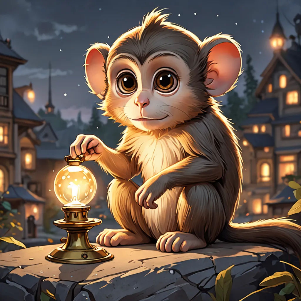 a small monkey sitting on a rock next to a lamp on a night sky background with a house and trees, fantasy art, a storybook illustration, Chris LaBrooy, kinkade