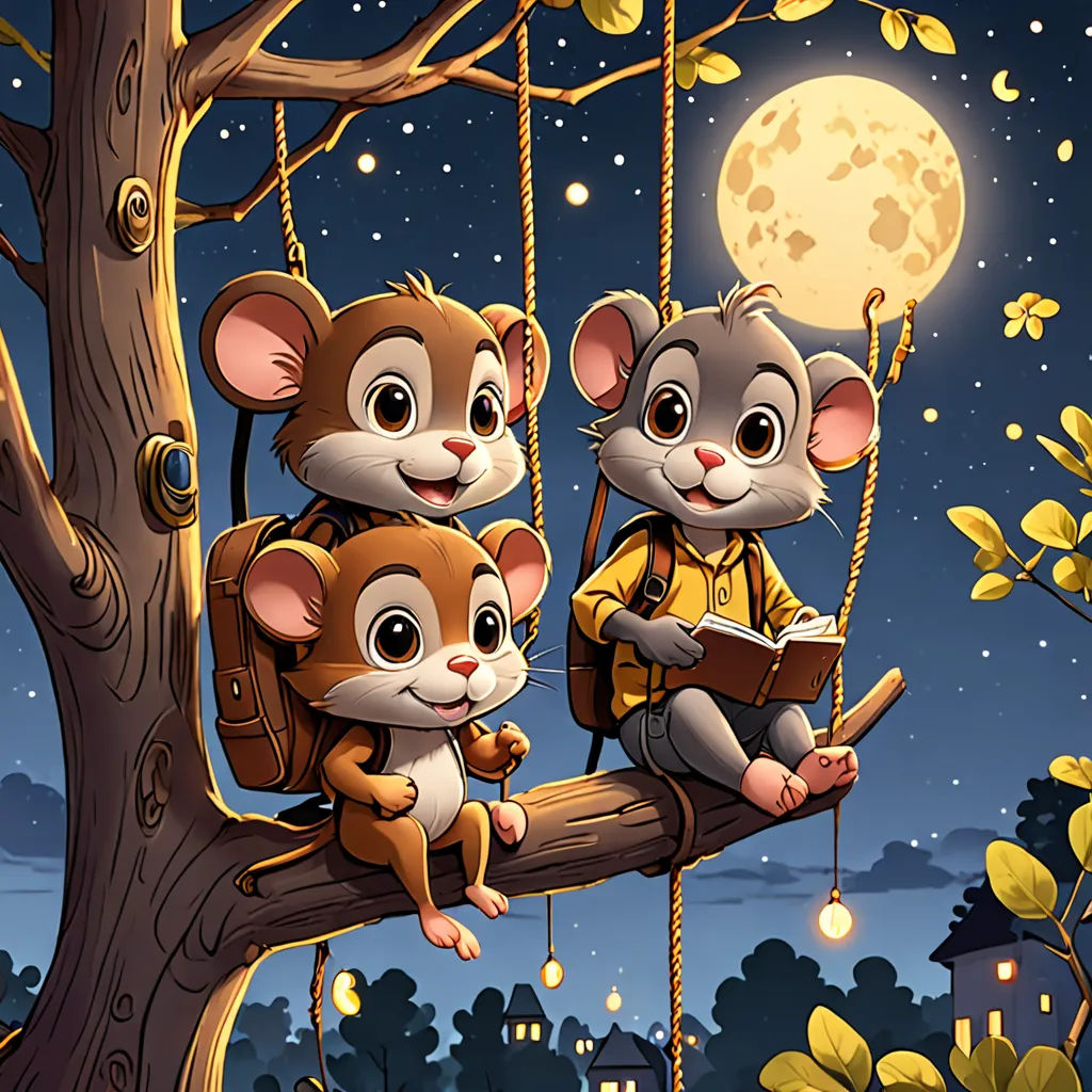 a couple of mice sitting on a tree branch with a book in their hands and a full moon in the background, sots art, a storybook illustration, Cliff Childs, official art