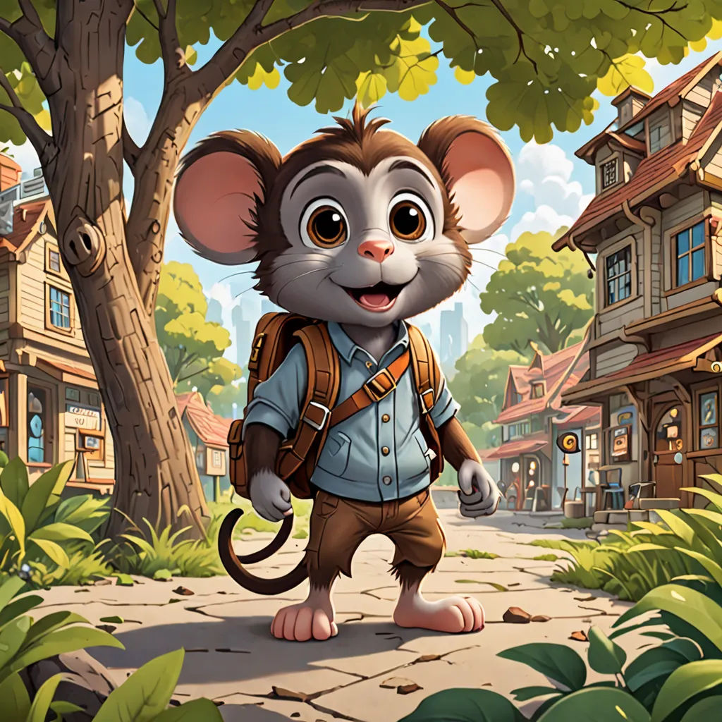 a mouse with a backpack is walking through a village with a tree and a house in the background,, sots art, a character portrait, Chris LaBrooy, promotional image