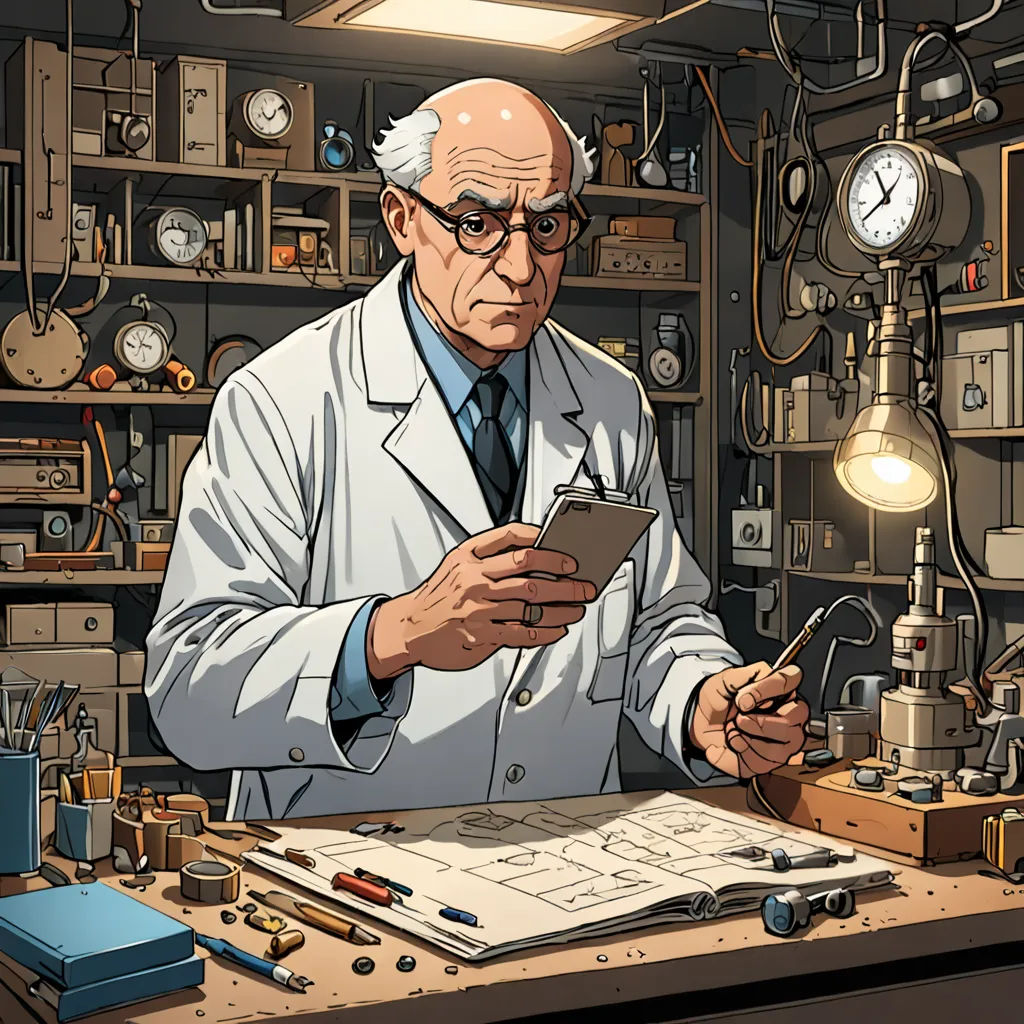 a man in a lab coat is looking at a tablet computer screen while surrounded by other items and a clock, photorealism, a comic book panel, Chris Ware, official art