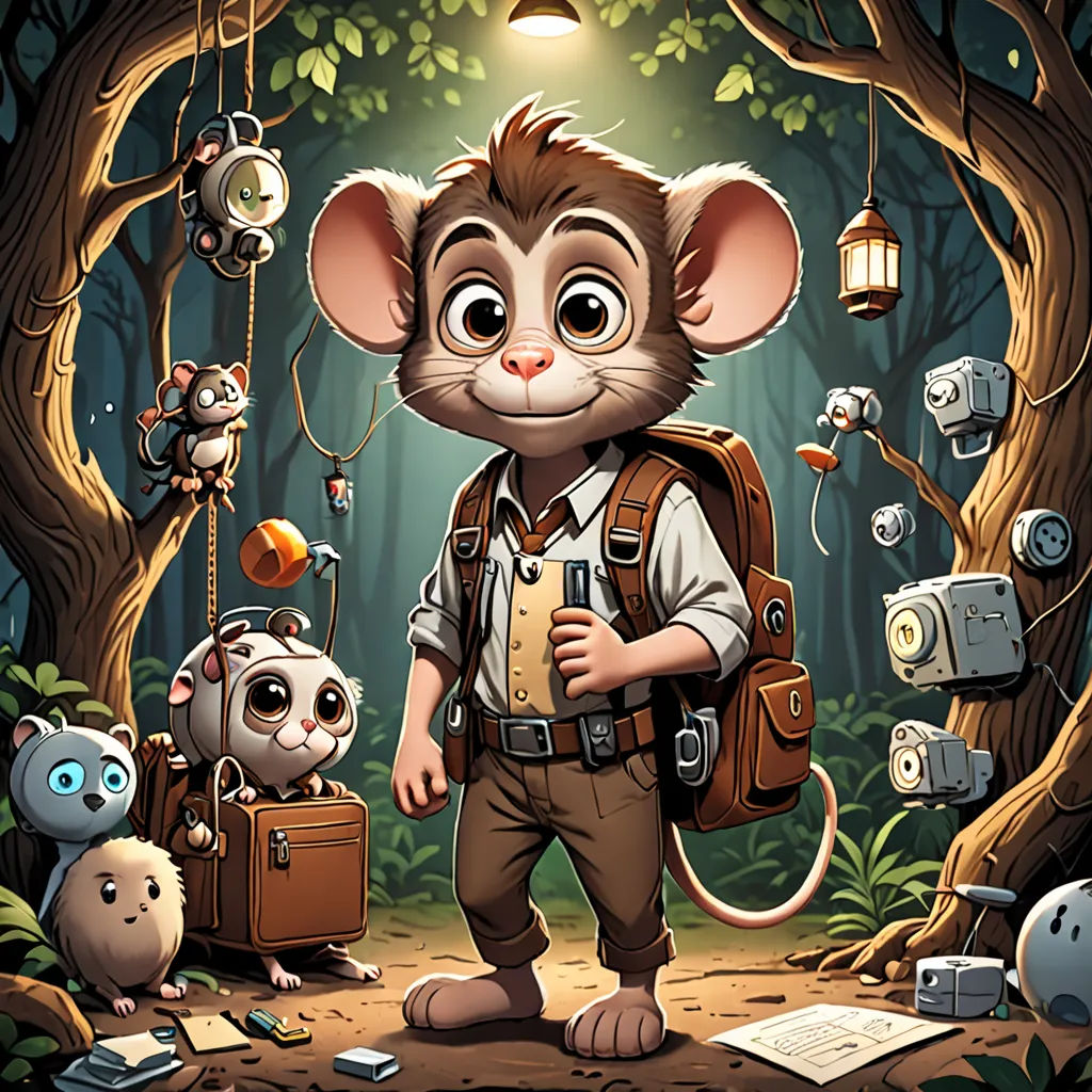 a cartoon mouse with a backpack and some other items in the background of a forest with a light bulb, sots art, a character portrait, Diego Gisbert Llorens, rossdraws global illumination