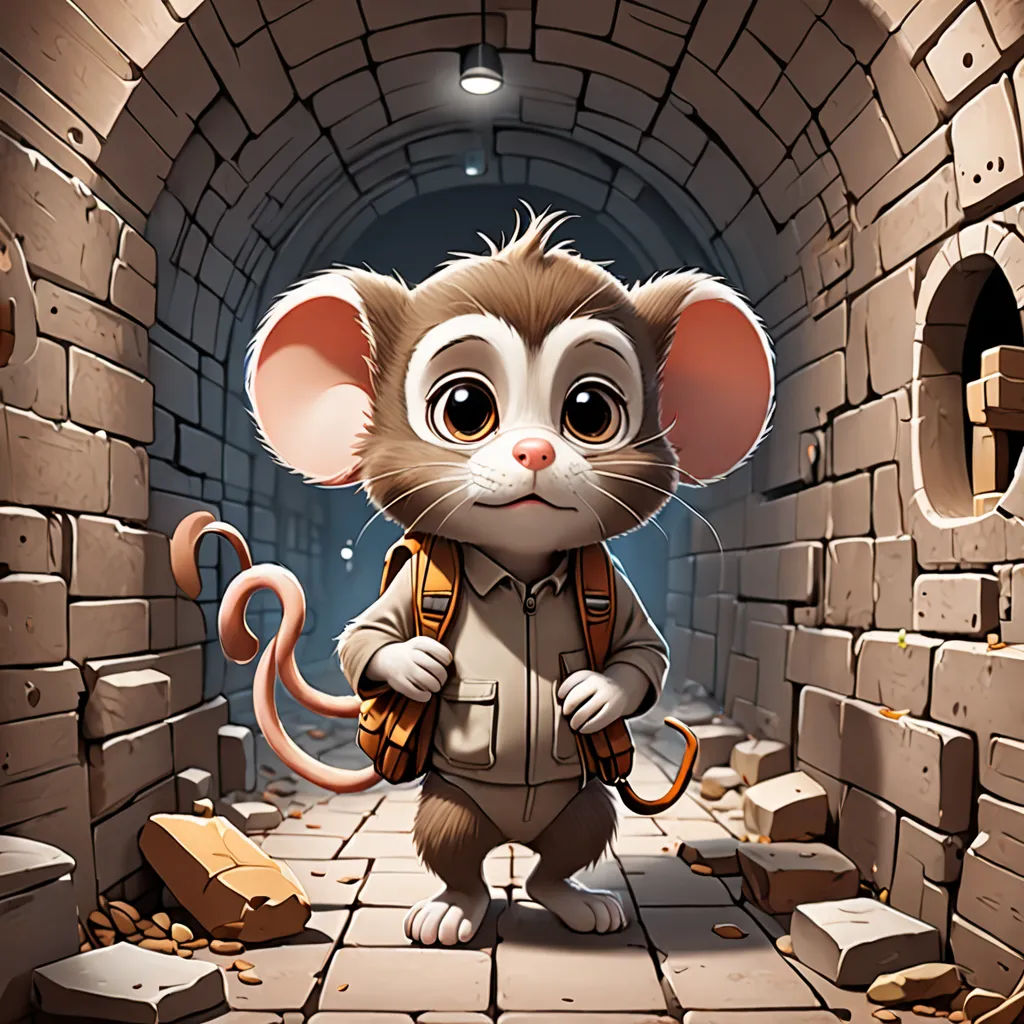 a cartoon mouse with a backpack in a tunnel with bricks and bricks on the floor and a mouse in the middle, sots art, a storybook illustration, Cliff Childs, 2 d game art