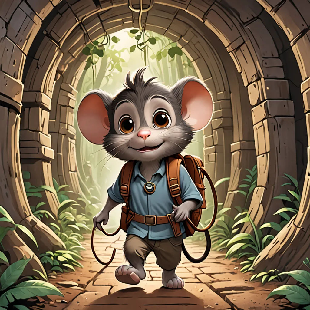a cartoon mouse with a backpack in a tunnel with a stone path and trees on either side of it, sots art, a character portrait, Chris LaBrooy, official art