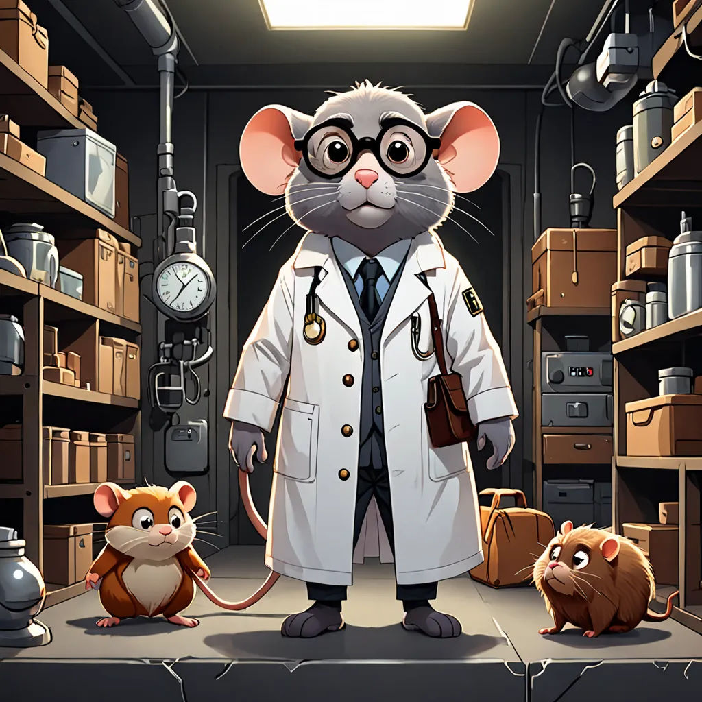 a cartoon mouse in a lab coat standing next to a mouse in a room with shelves and clocks on the walls, sots art, a character portrait, Dr. Atl, game art