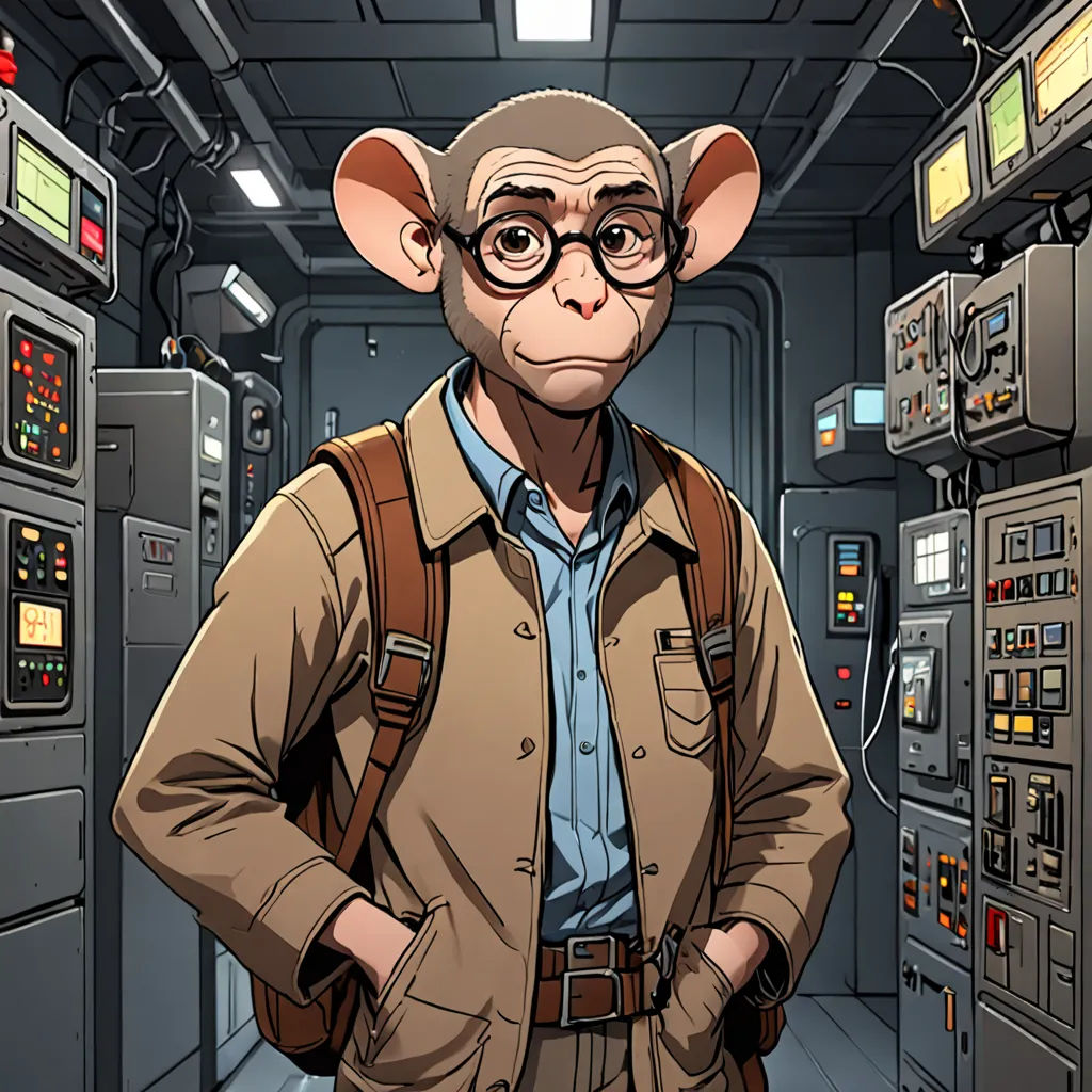 a monkey with glasses standing in a room with many electrical equipment on the walls and a man in a brown jacket, furry art, a character portrait, Adam Manyoki, yukito kishiro