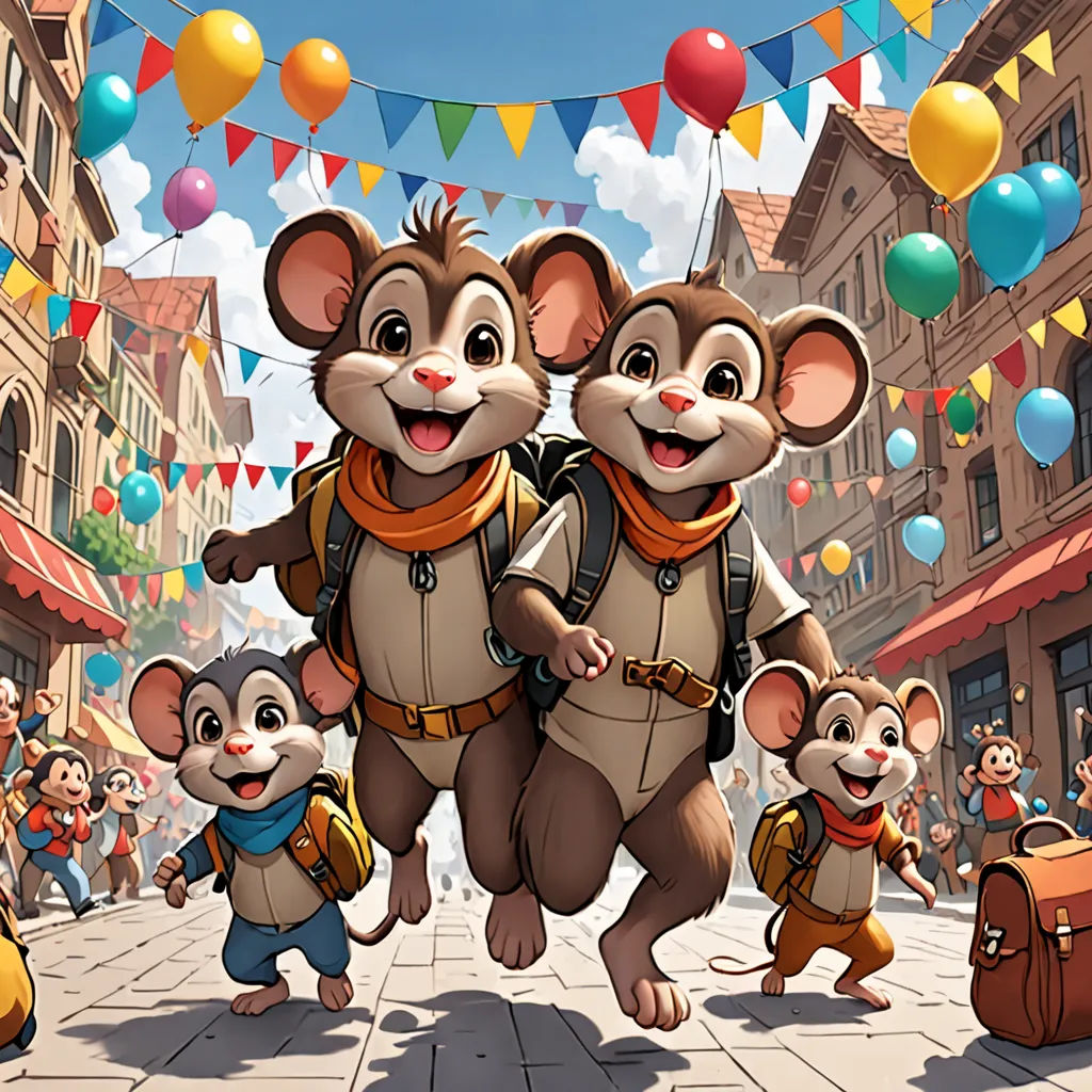 a group of mice walking down a street with balloons and buntings in the background and a banner with a banner that says happy new year, furry art, concept art, disney, official art