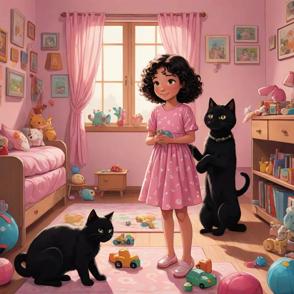a girl in a pink dress standing in a pink room with two black cats and a toy car in front of her, storybook illustration, photorealism, a storybook illustration, Elinor Proby Adams