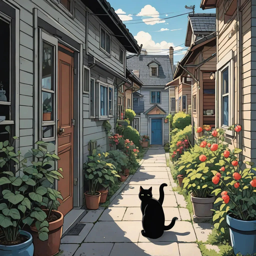 a black cat sitting on a sidewalk next to a house and flowers in pots on the side of the street, ghibli, magic realism, a comic book panel, Evgeny Lushpin