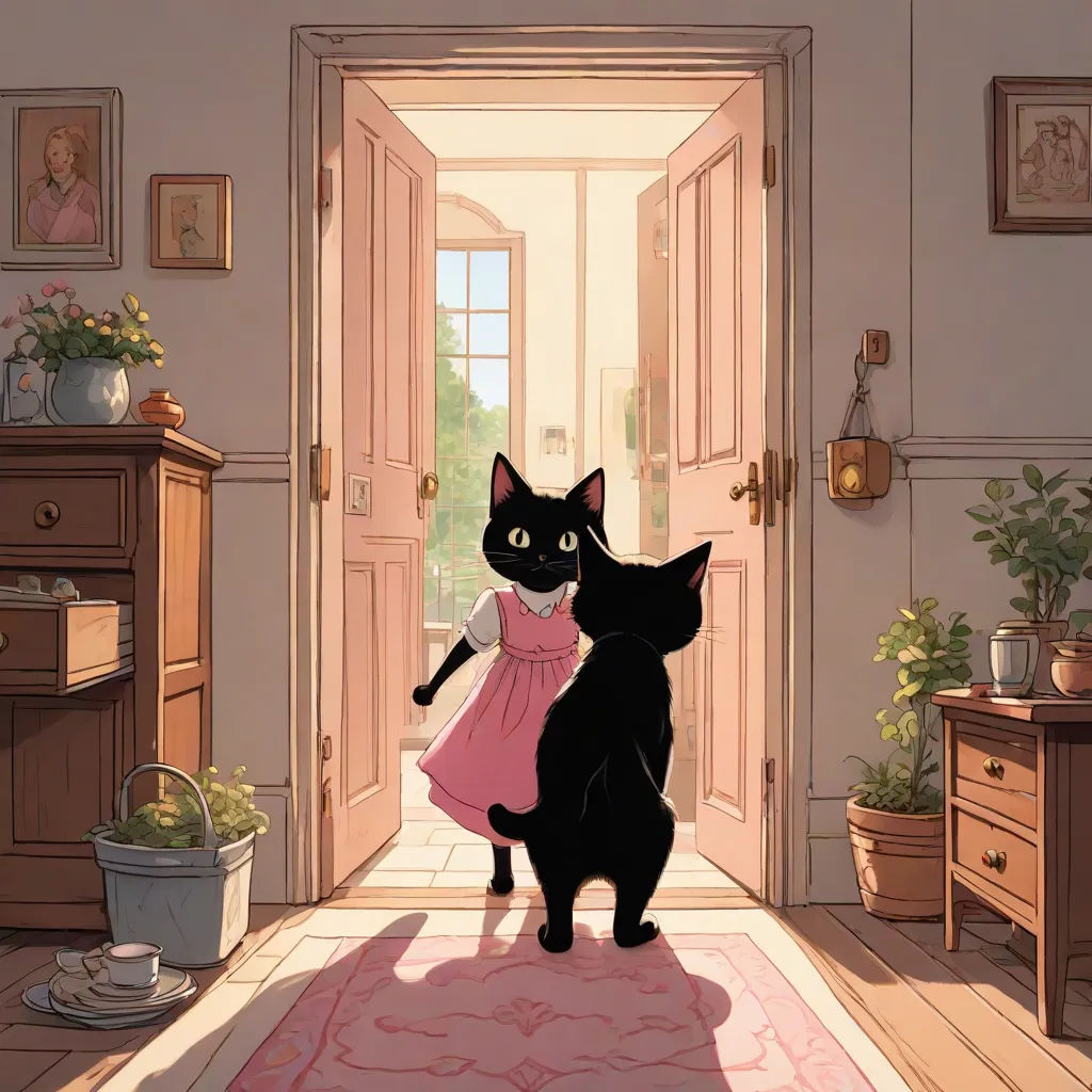 a black cat standing on a rug in a room with a door open and a pink rug on the floor, ghibli, furry art, a storybook illustration, Anne Said