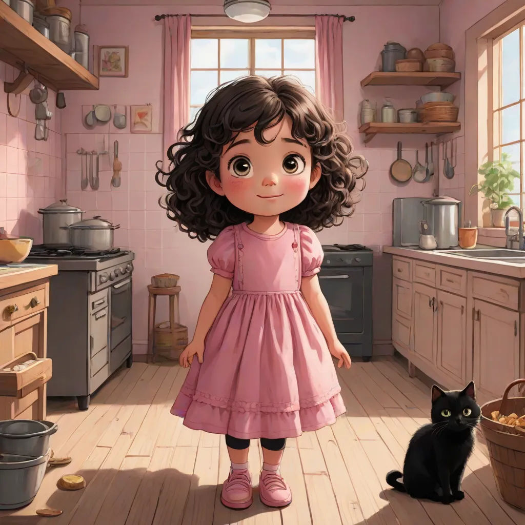 a little girl standing in a kitchen next to a black cat and a window with pink curtains and a potted plant, pixar and disney animation, photorealism, a storybook illustration, Clarice Beckett
