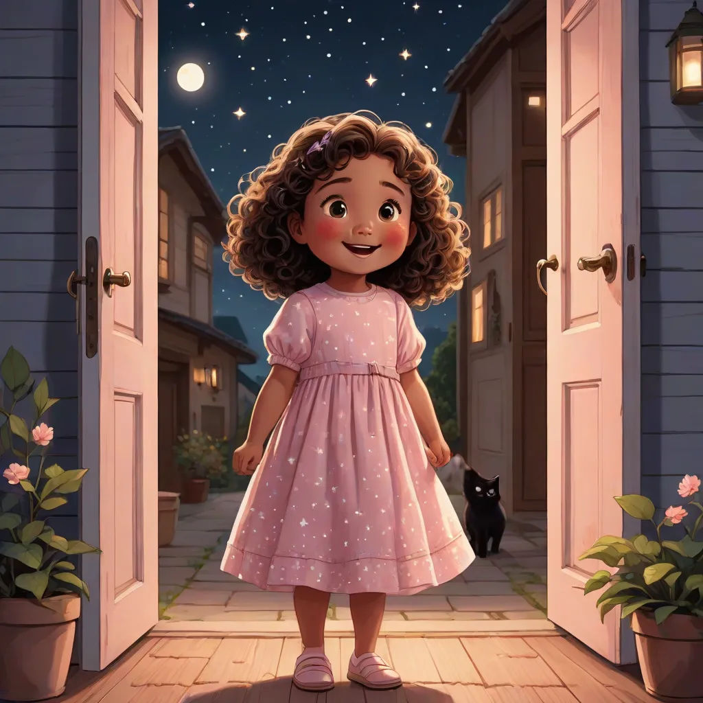 a little girl in a pink dress standing in front of a door with a black cat in it's hand, storybook illustration, space art, a storybook illustration, Chris LaBrooy