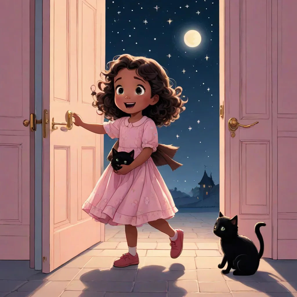 a little girl in a pink dress is holding a black cat and standing in front of a door with a night sky and stars, storybook illustration, magical realism, a storybook illustration, Claire Hummel