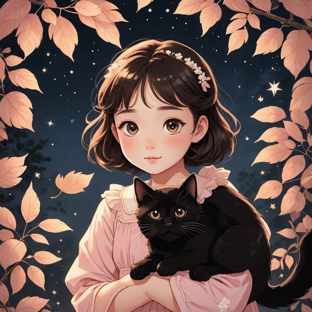 a girl holding a black cat in her arms and a night sky behind her with stars and leaves on the background, anime art, fantasy art, a storybook illustration, Atey Ghailan