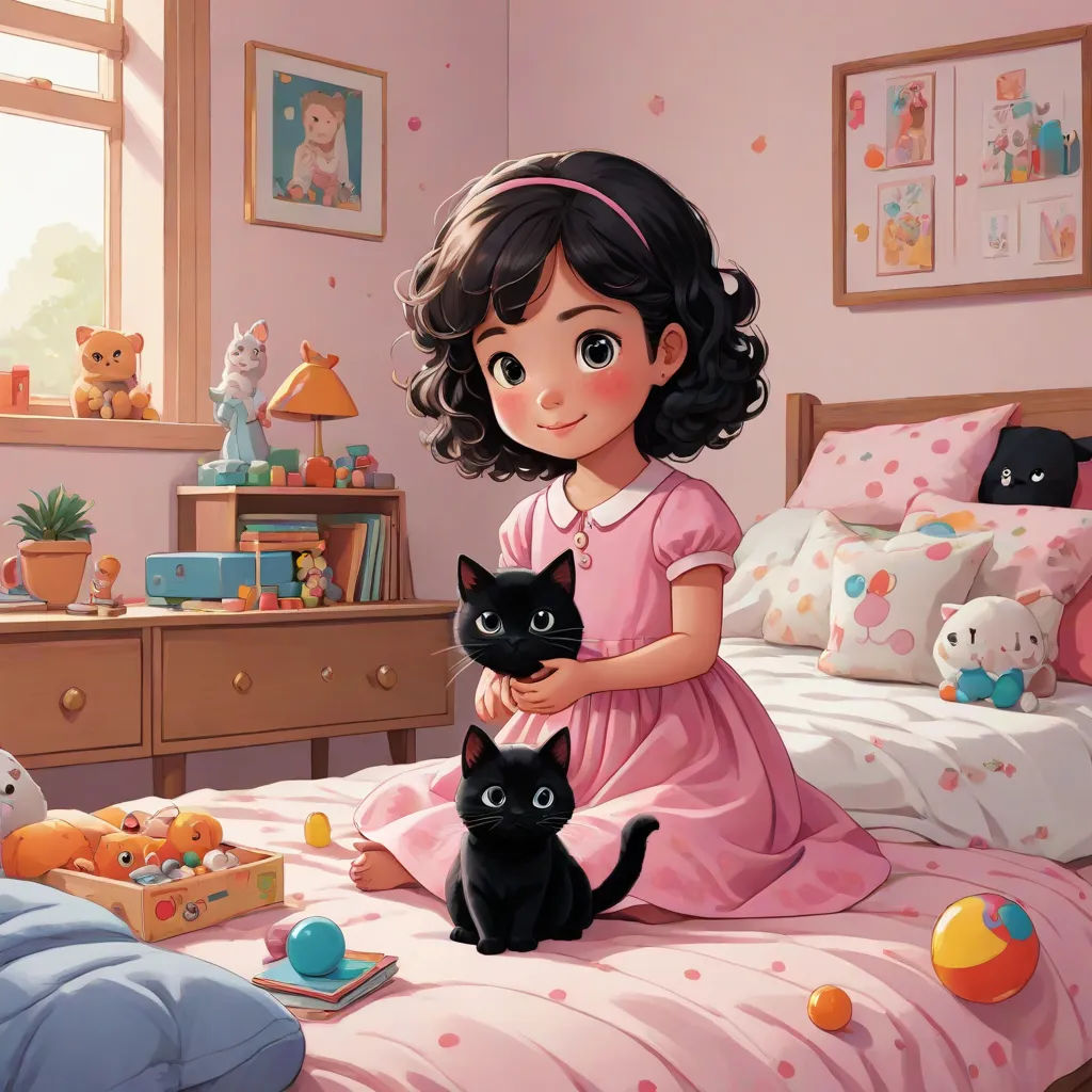 a girl in a pink dress sitting on a bed with two black cats in her hands and a teddy bear on the bed, storybook illustration, furry art, a storybook illustration, Anthony Devas
