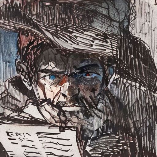 a drawing of a man with a hat and a book in his hand and a blue eye in his mouth