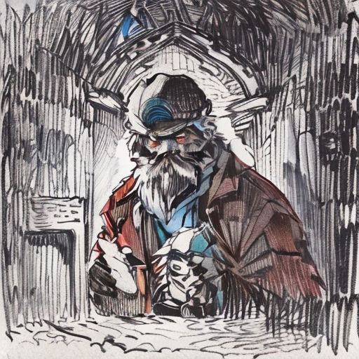 a drawing of a man with a beard and a hat on standing in a doorway with a bird on his shoulder