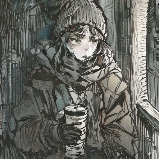 a drawing of a person holding a cup of coffee in their hand and a person in a coat and hat