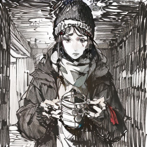 a drawing of a woman holding a cup of coffee in her hands and looking down at her phone while standing in a tunnel