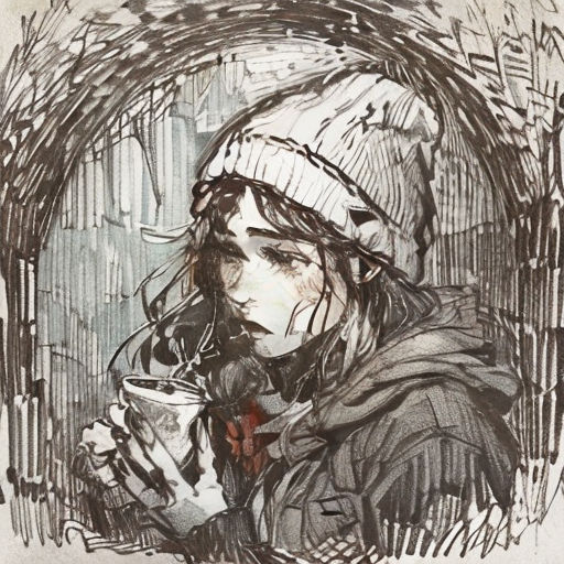 a drawing of a woman holding a cup of coffee in her hand and looking at her phone while wearing a hat