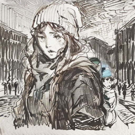 a drawing of a woman walking down a street with a child on her back and a man in the background