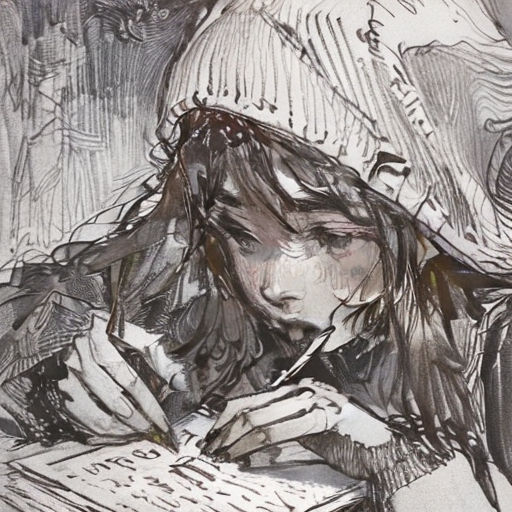 a drawing of a girl with a hat on reading a book and writing a letter to someone else in the background