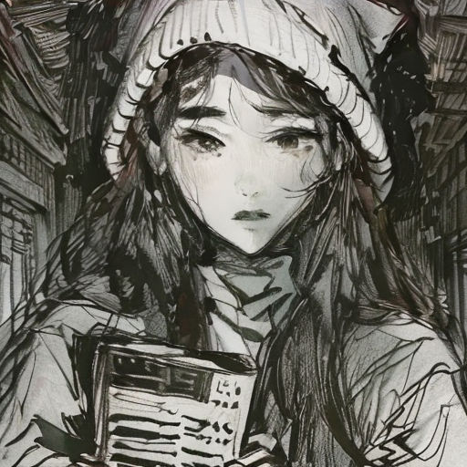 a drawing of a girl holding a radio in her hands and wearing a hat and scarf on her head