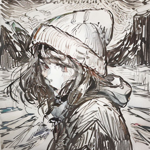 a drawing of a woman in a hat and coat with a dog in the background, with a sky background