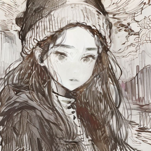 a drawing of a woman wearing a hat and coat with a scarf around her neck and a scarf around her neck
