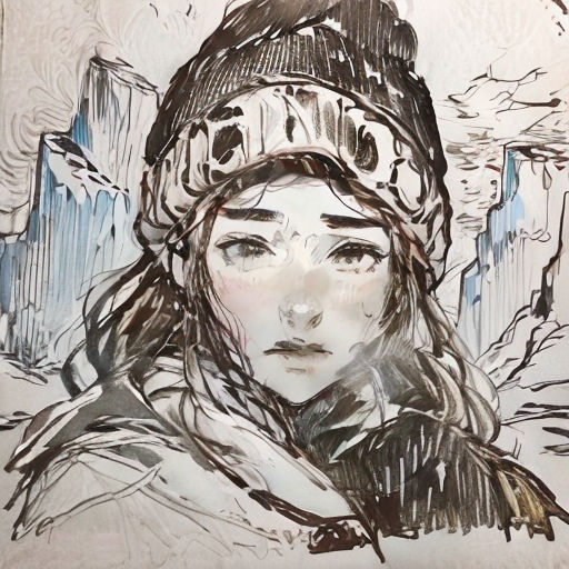 a drawing of a woman in a hat and coat with a city in the background and a snow covered ground