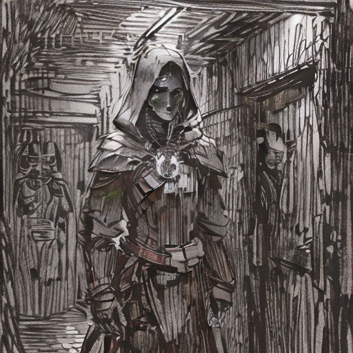 a drawing of a person in a hooded outfit and a sword in a hallway with other people in the background