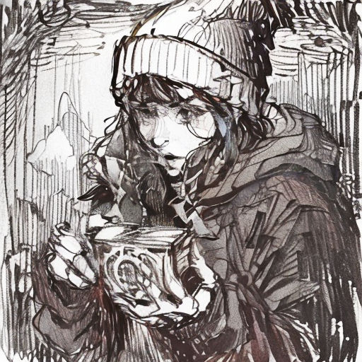 a drawing of a person holding a cup of coffee in their hands and a hat on their head,
