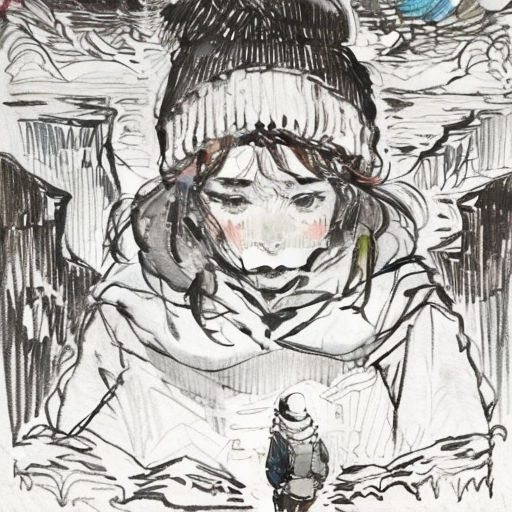 a drawing of a girl with a hat and scarf on her head and a man in the background with a blue ball