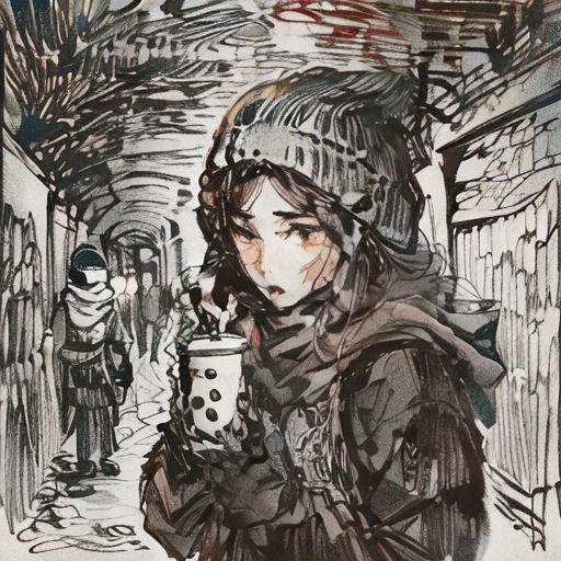 a drawing of a woman holding a cup of coffee in a snowy alleyway with a man walking by