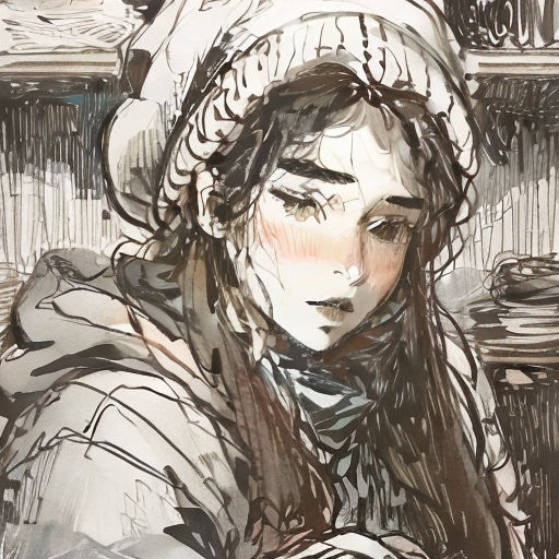 a drawing of a woman in a hat and coat looking down at her phone while sitting in a chair