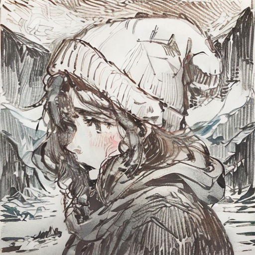 a drawing of a woman in a hat and coat with a cat on her shoulder and a mountain in the background