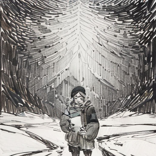 a drawing of a person standing in the snow with a book in his hand and a tree in the background