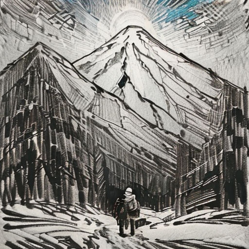 a drawing of a man walking in the snow with a mountain in the background and a sun above him