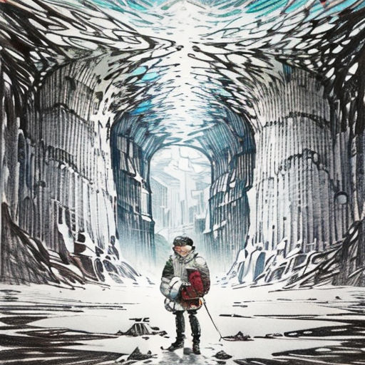 a man standing in a tunnel with a backpack on his back and a backpack on his shoulder, in front of a giant painting of a mountain