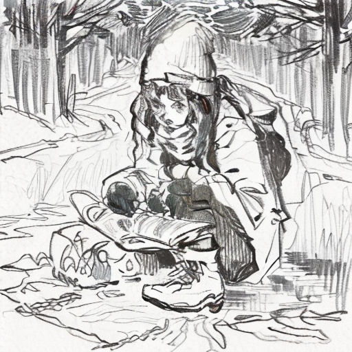 a drawing of a person sitting in the snow with a book in their hand and a dog laying on the ground