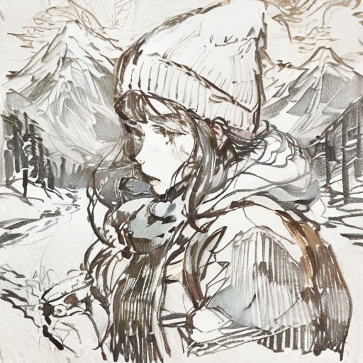 a drawing of a woman in a hat and coat in the snow with mountains in the background and a bird in the foreground