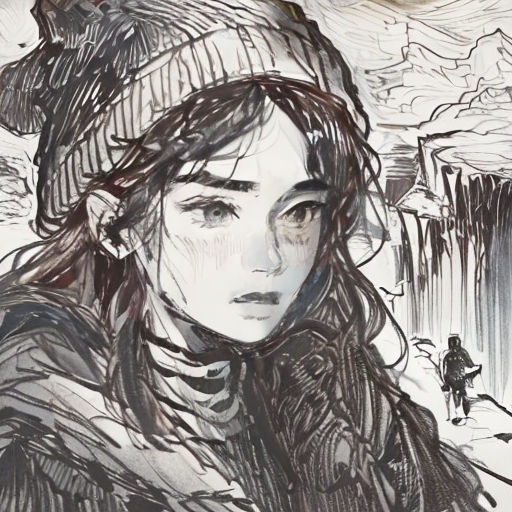 a drawing of a woman with a hat and scarf on her head and a man walking behind her with a dog
